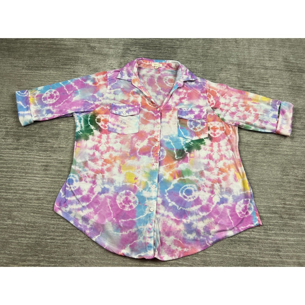 Paper + Tee Button-Up Women 2X Multicolor Tie-Dye Short Sleeve KB8707X Boho Top